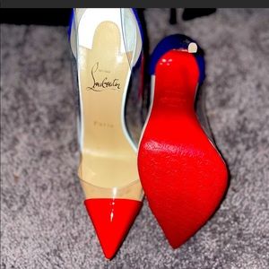 AUTHENTIC CHRISTIAN LOUBOUTIN RED, BLUE PATENT CLEAR PVC POINT TOE PUMP